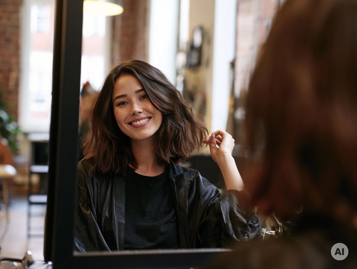 Kundin begutachtet ihren neuen Haarschnitt im Spiegel im Friseursalon in Stuttgart